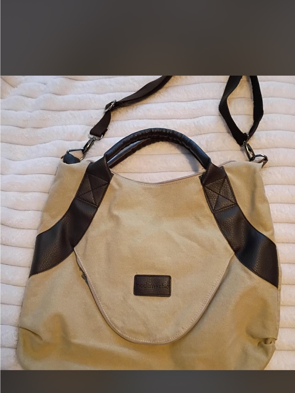 Modern Chic Beige and Dark Brown Canvas Tote Bag by